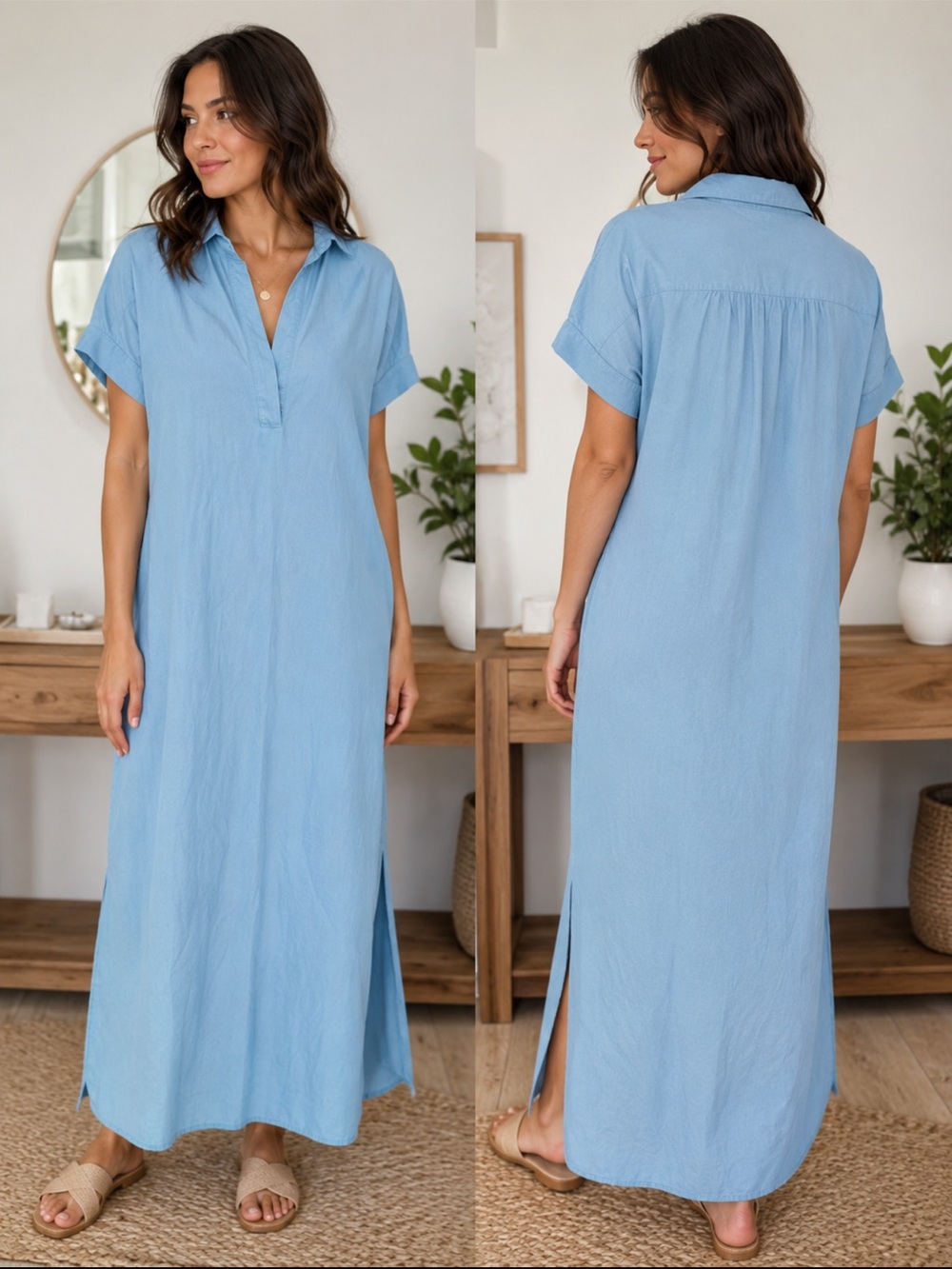 Cali by Cali dreaming sky Blue Collared V-Neck Maxi Shirt Dress
Resort. S